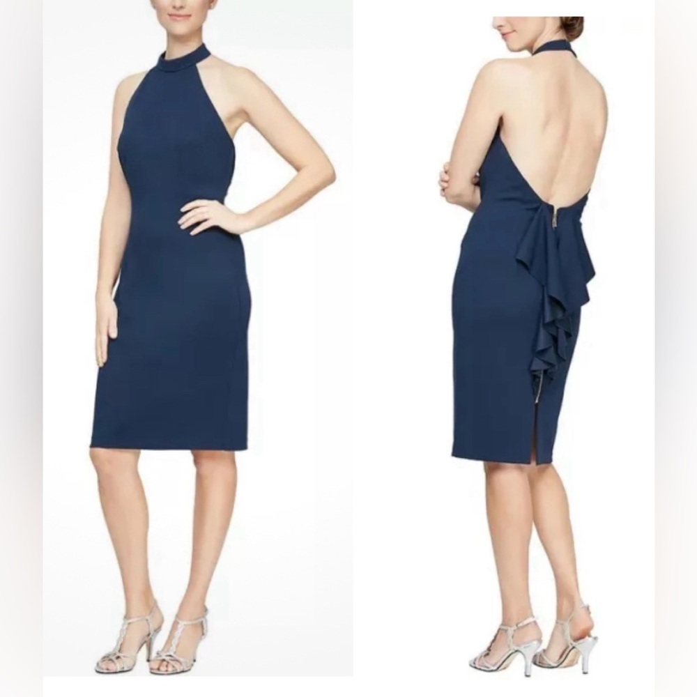 NWT New Alex & Eve Ruffled-Back Sheath Halter Dress Navy Size 10